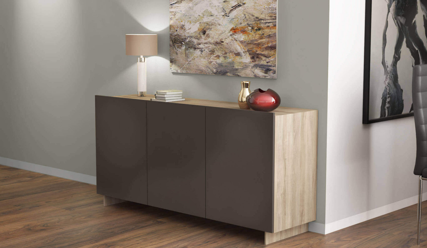 MOBILE KUD 3 ANTE OLMO E GRIGIO. Dimensioni: cm 150 x 40 x 78 h.