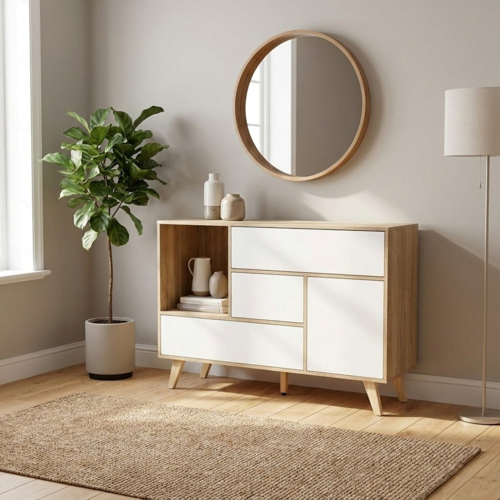 MOBILE EMORY BIANCO E NATURALE. Mobile in melammina con 1 ante, 3 cassetti e 1 ripiano naturali, struttura bianca o grigio scura Dimensioni: 119 x 39,5 x 85,6 h.