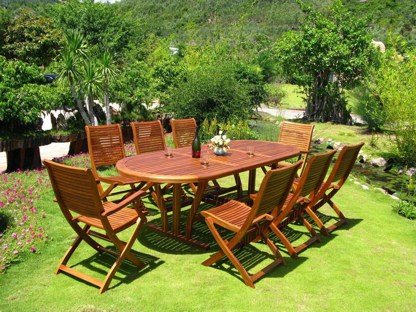 SHIRE OVAL TABLE 180/240 X 100 DOUBLE. Solid acacia wood, 44 mm thick, double edge. Dimensions: 180/240 cm x 100 x 74 h. Garden furniture.