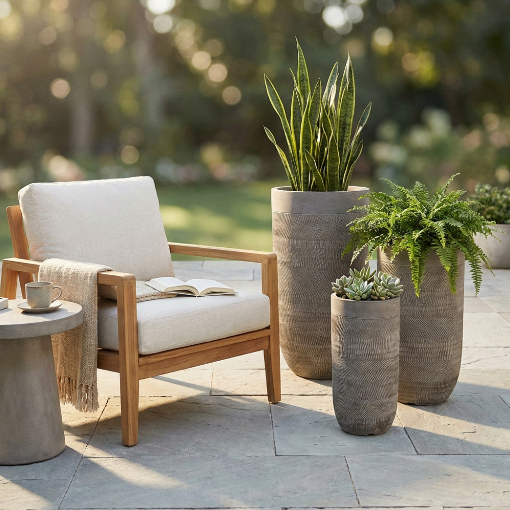 MAGNOLIA POT SET. Set of 3 synthetic fiber pots. Dimensions: W 43.5 x 43.5 x 78.5 cm / M 34 x 34 x 63.5 cm / D 24 x 24 x 49 cm. Garden furniture.