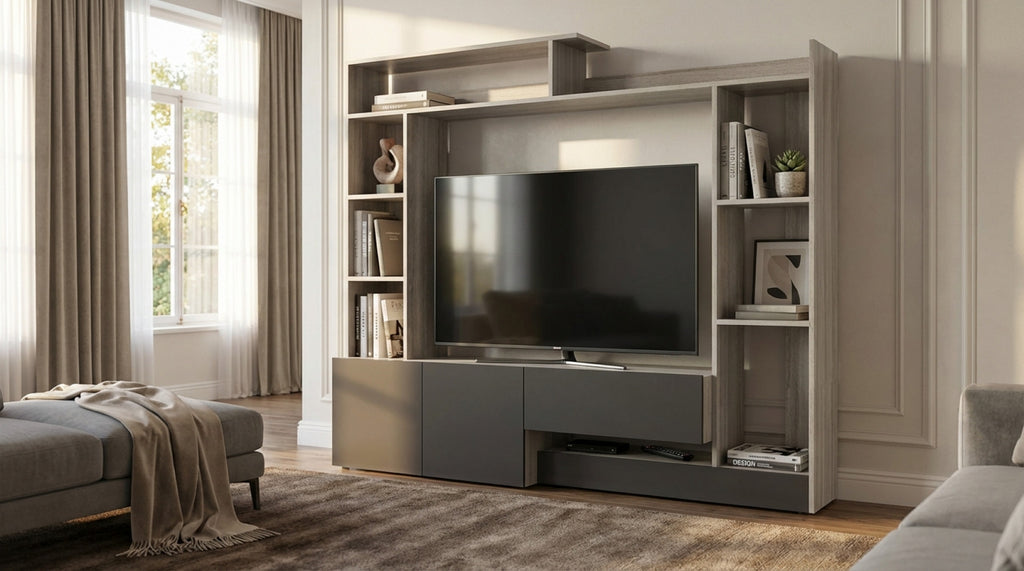 ENTRY LIVING ROOM WALL PANEL, ELM AND GREY. Dimensions: 180 x 28/40 x 165 cm h.