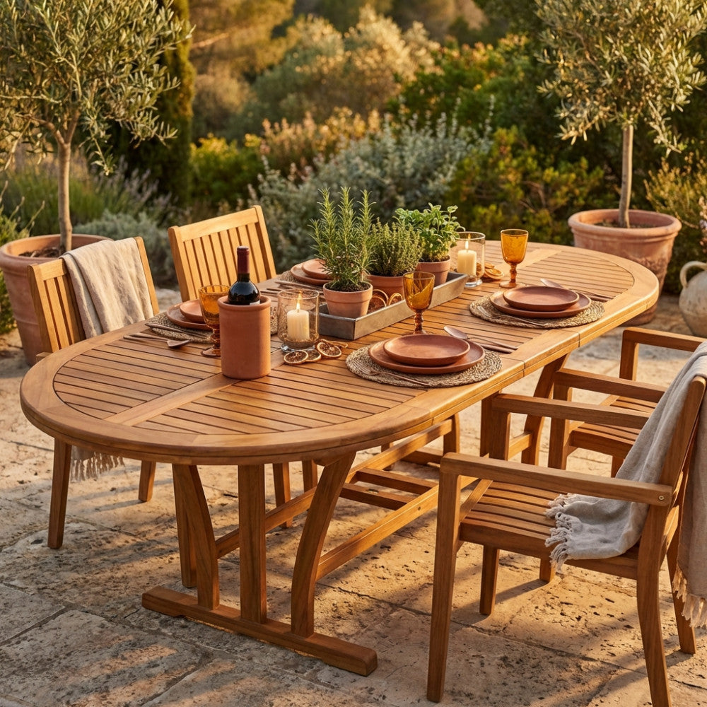 TAVOLO LEONARDO 200/300 X 110 DOUBLE. Legno di Acacia massiccio spessore 44 mm doppio bordo Dimensioni: cm 200/250/300 x 110 x 74 h. Arredo Giardino