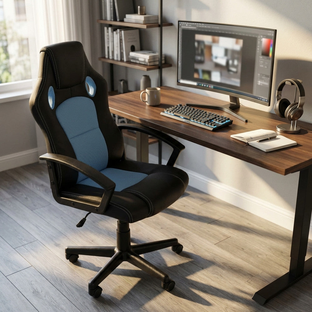 UNCHARTED BLUE AND BLACK GAMING CHAIR. Dimensions: 61 x 65 x 104-113.5 cm h.