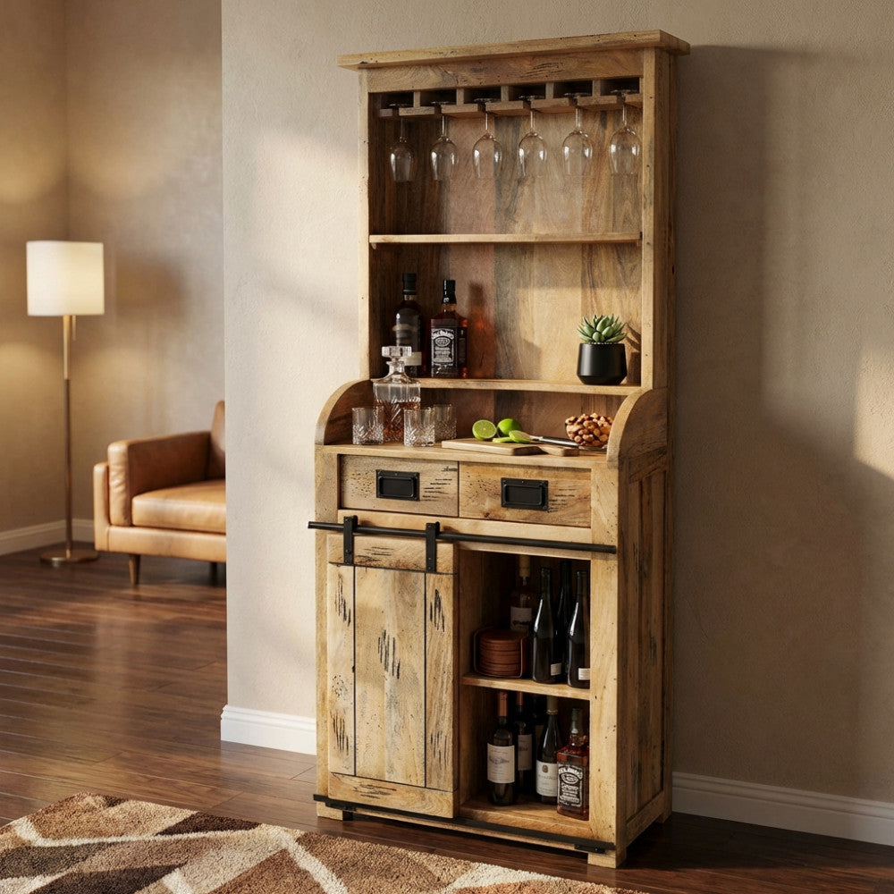 MOBILE YORICK. Mobile in legno di mango con 1 anta scorrevole, 2 ripiani, 2 cassetti Dimensioni: cm 90 x 40 x 190 h.
