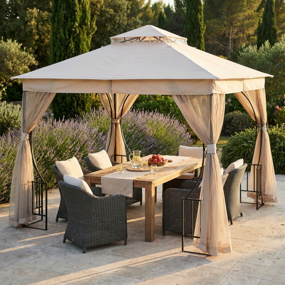 GAZEBO HOGAN 3 X 3. Struttura in metallo color nero 14x20 mm Telo in poliestere TORTORA 180gr con antivento Tubi 14x20/15x15 mm Dimensioni: m 3 x 3 x 265 h. Arredo Giardino