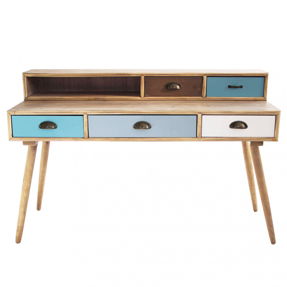 SCRIVANIA AJAX. Struttura in MDF, gambe in legno di pino, top colore NATURALE 1 ripiano e 5 cassetti colorati Dimensioni: cm 120 x 50 x 79 h.