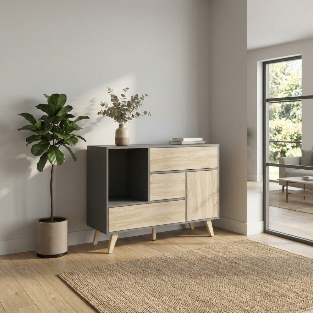 EMORY GREY AND NATURAL CABINET. Melamine cabinet with 1 door, 3 drawers and 1 shelf, natural structure, white or dark grey. Dimensions: 119 x 39.5 x 85.6 h.