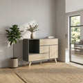 EMORY GREY AND NATURAL CABINET. Melamine cabinet with 1 door, 3 drawers and 1 shelf, natural structure, white or dark grey. Dimensions: 119 x 39.5 x 85.6 h.