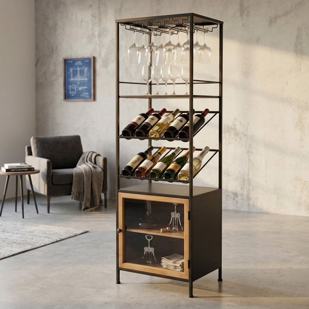 MOBILE MIK. Mobile in ferro e legno con 1 anta, porta bottiglie e porta bicchieri Dimensioni: cm 51,50 x 41 x 165,50 h.