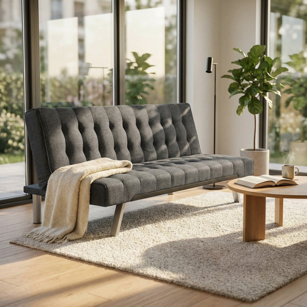 DIVANO LETTO BARRY. Divano Letto GRIGIO SCURO MELANGE struttura in metallo e legno Dimensioni: D.178x80x72/DL.178x92x35.