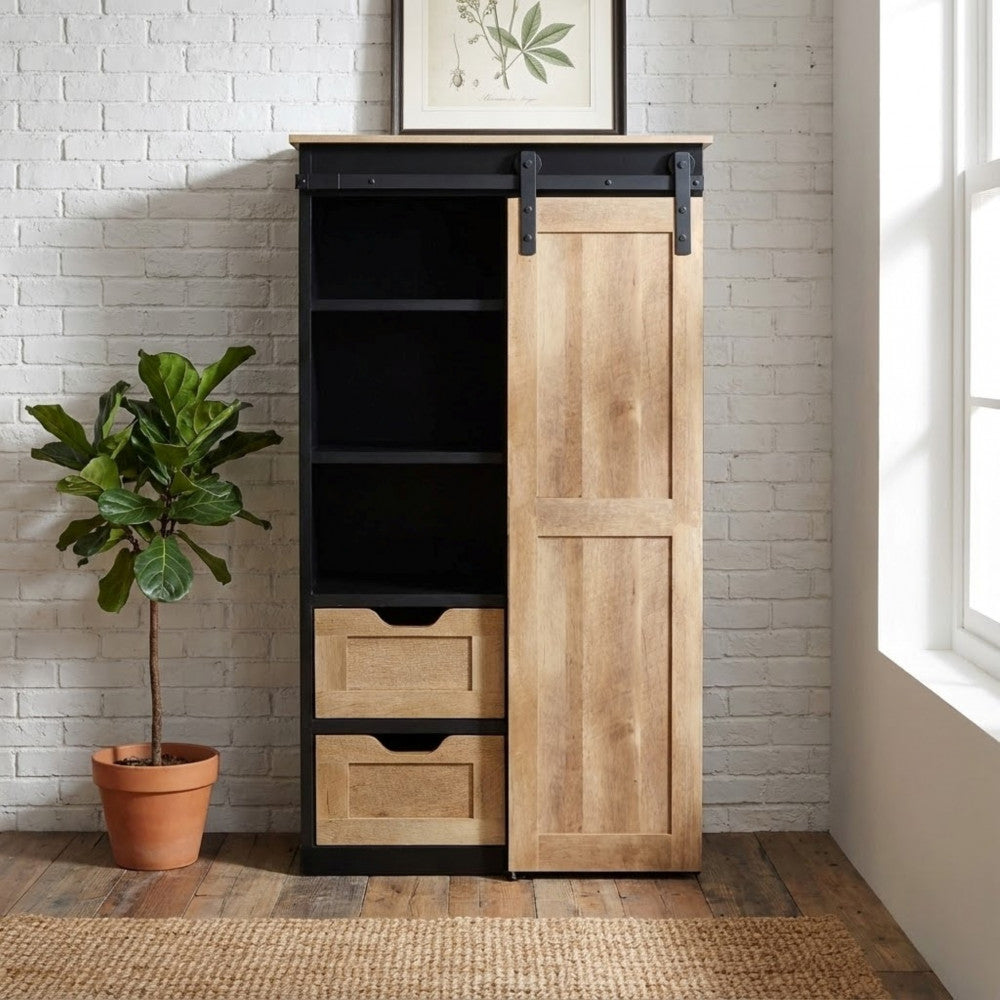 MOBILE IN LEGNO E FERRO JAMAR. Mobile con 2 cassetti, 3 ripiani e 1 anta scorrevole in legno Dimensioni: cm 80 x 40 x 160 h.