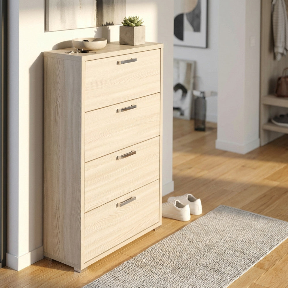 DEMI 4-DOOR FLAP-DOOR SHOE RACK IN ELM. Dimensions: 75.3 x 33 x 151.8 cm h.