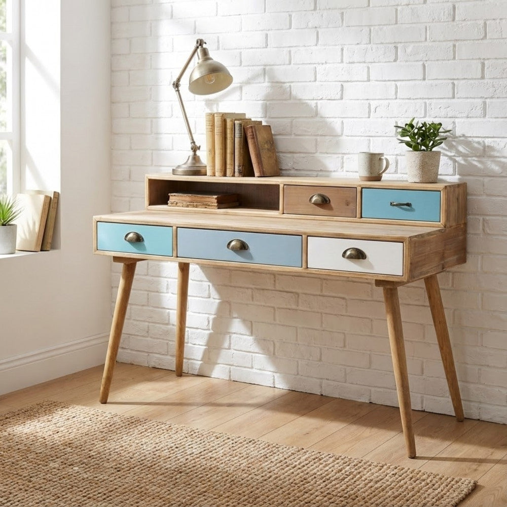 SCRIVANIA AJAX. Struttura in MDF, gambe in legno di pino, top colore NATURALE 1 ripiano e 5 cassetti colorati Dimensioni: cm 120 x 50 x 79 h.