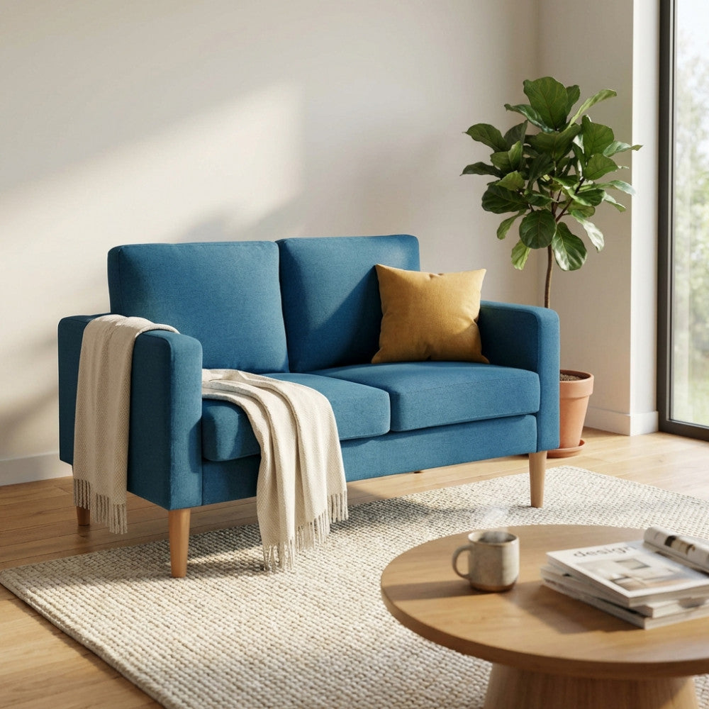 RAMSEY 2-SEATER SOFA. LIGHT GREY or DARK GREY or BLUE or BEIGE sofa with polypropylene legs. Dimensions: 137 x 73 x 82 h cm.