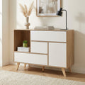 MOBILE EMORY BIANCO E NATURALE. Mobile in melammina con 1 ante, 3 cassetti e 1 ripiano naturali, struttura bianca o grigio scura Dimensioni: 119 x 39,5 x 85,6 h.