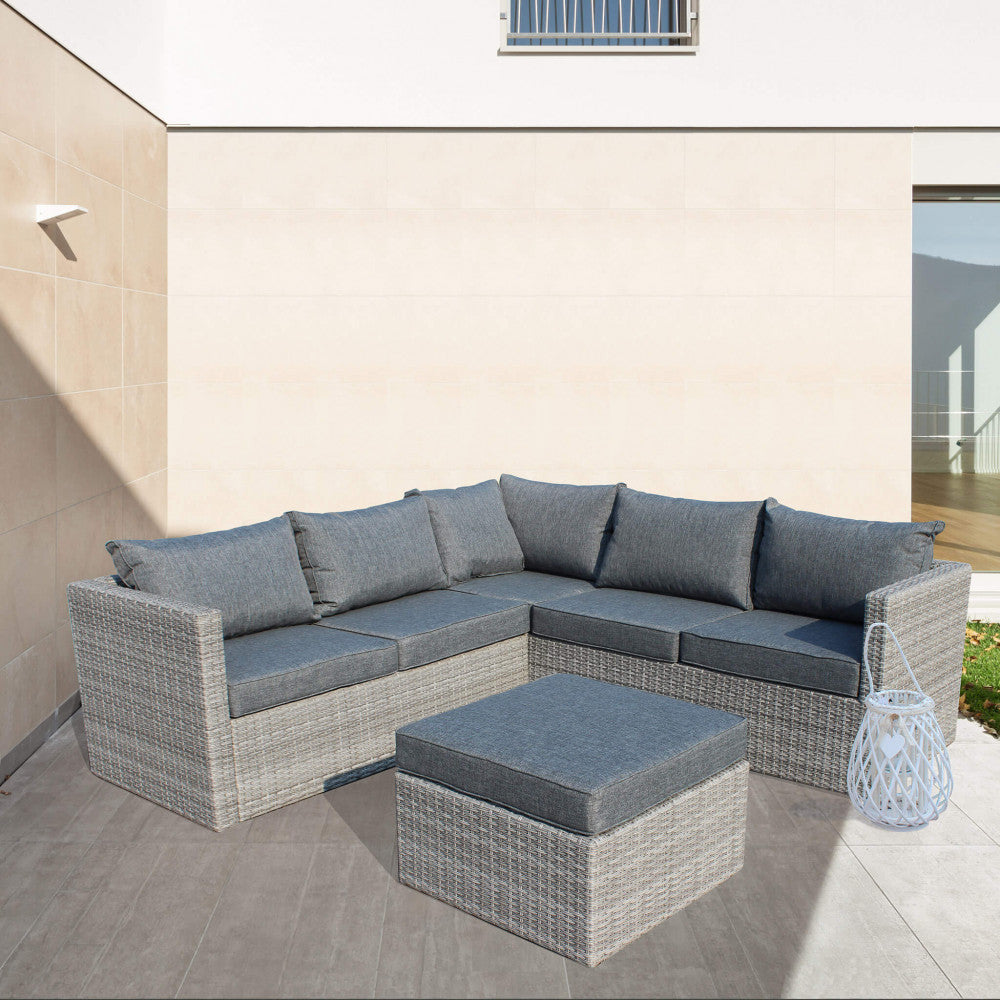 SALOTTO ANGOLARE ARGENTINA C/CUSCINI. Struttura in alluminio, wicker GRIGIO materiale UV protection cuscini 10 cm Dimensioni: D.136x72x64/D.208x72x64/T.64x64x31. Arredo Giardino