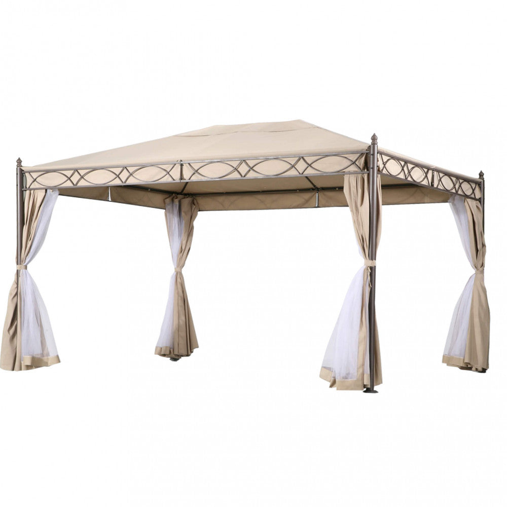 GAZEBO KARNAK 3 X 4. Canvas and sides in BEIGE polyester 200-160 gr + mosquito net, structure in BLACK painted steel, legs tube 0 mm 70 x 1.2 - cover mm 15x15/18x18 Dimensions: m 3 x 4 x 2.60 h. Garden furniture