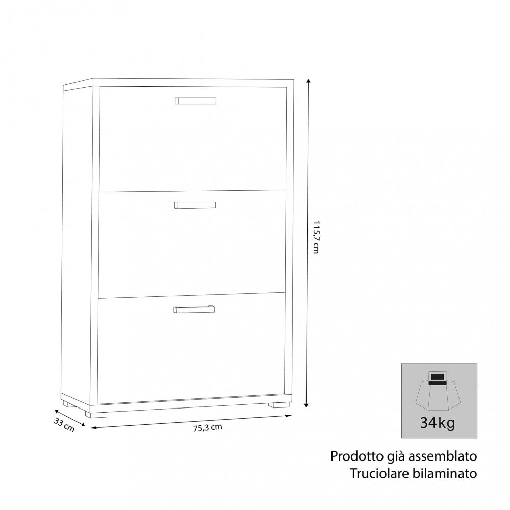 SCARPIERA 3 ANTE A RIBALTA BIANCO CEMENTO. Dimensioni: cm 75,3 x 33 x 115,7 h.