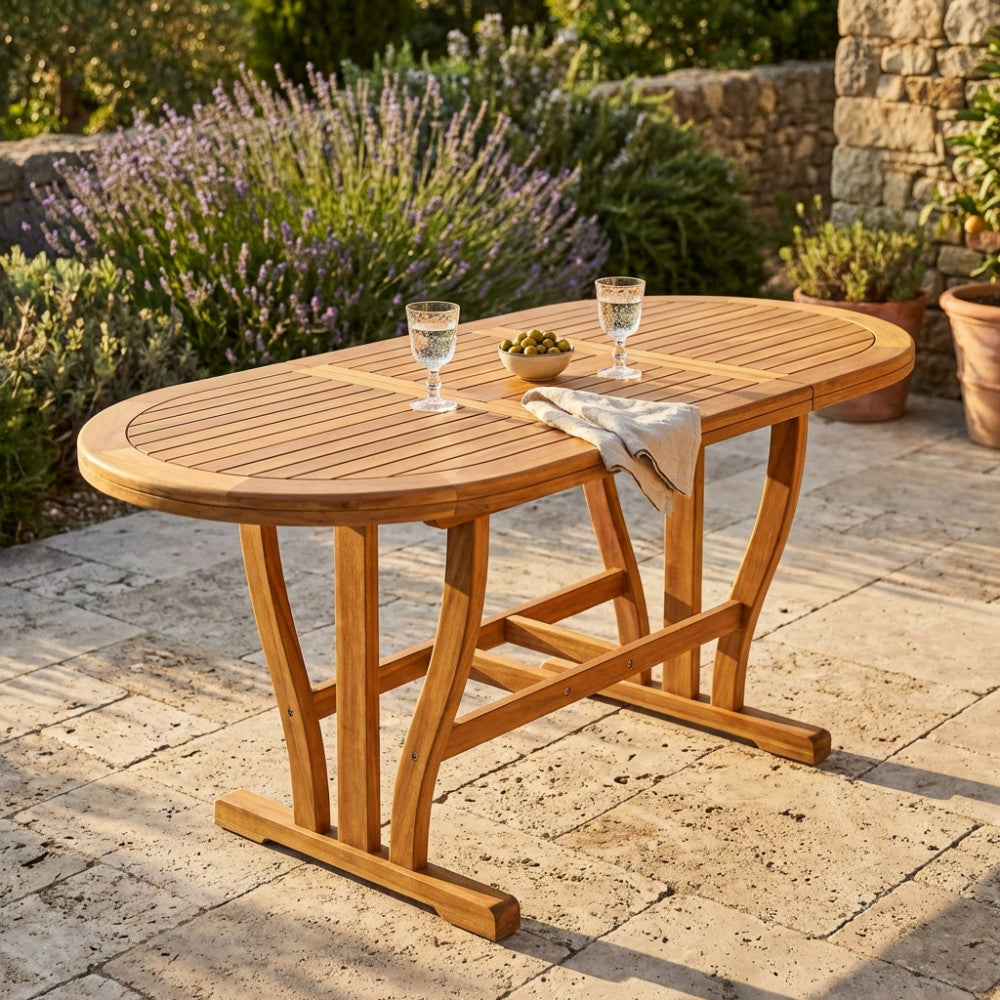 Oregon OVAL TABLE 120/160 X 70 DOUBLE. Solid acacia wood, 44 mm thick, double edge. Dimensions: 120/160 x 70 x 74 cm. Garden furniture.