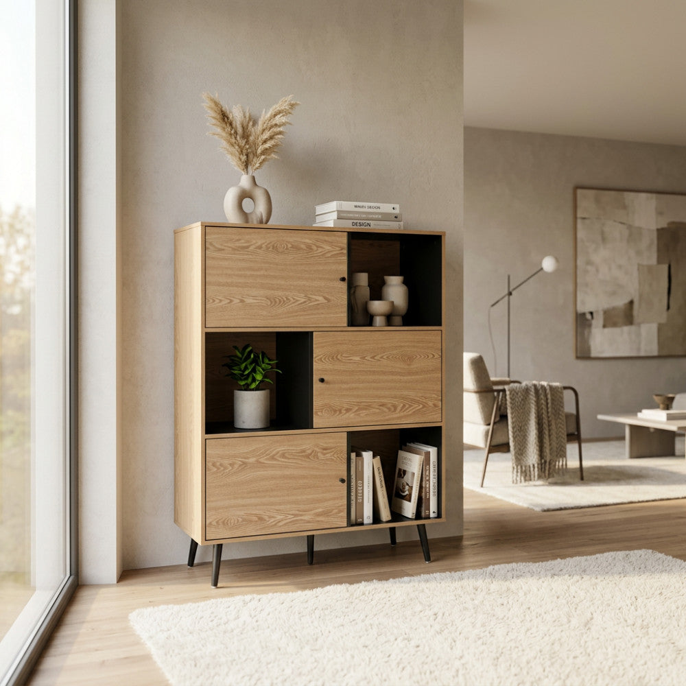 MOBILE ELWOOD NERO E NATURALE. Mobile in melammina con 3 ante naturali, struttura e 3 ripiani neri Dimensioni: 100 x 39,5 x 135 h.