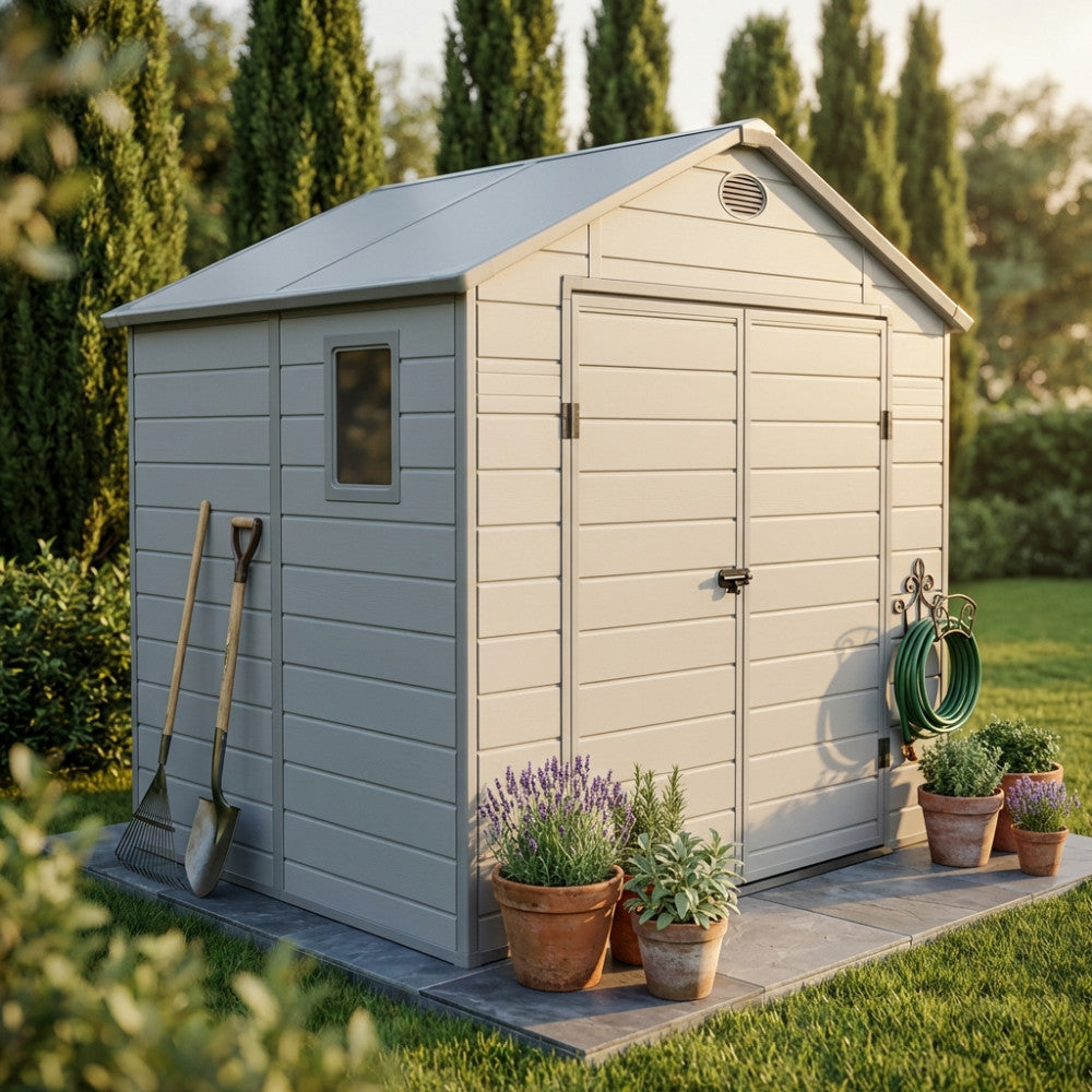 CASETTA HOME 190 X 192 X 226. Casetta in plastica con finestra MARRONE o GRIGIO CHIARO Dimensioni: cm 190 x 192 x 226 h. Arredo Giardino