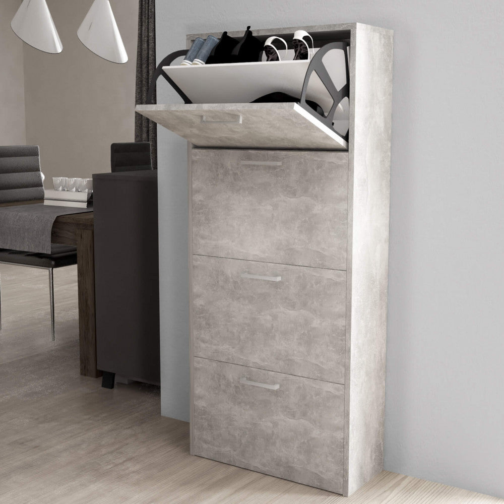 MOLLY SHOE RACK WITH 4 FLAP-DOORS, GREY CONCRETE EFFECT. 16 mm thick GREY CONCRETE EFFECT wooden shoe rack. Dimensions: 59 x 25 x 140 cm h.