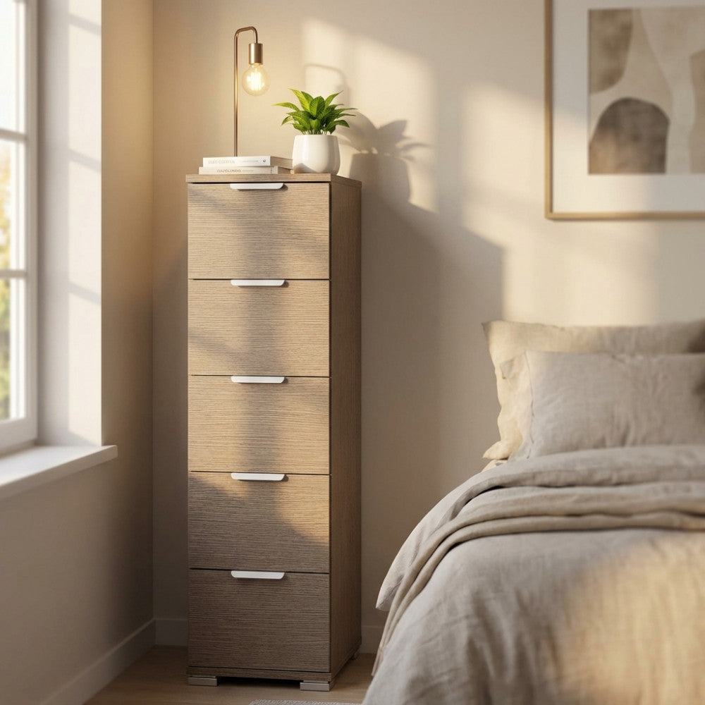 CASSETTIERA TAZZ 5 CASSETTI ROVERE GRIGIO. Dimensioni: cm 27 x 38 x 103 h.