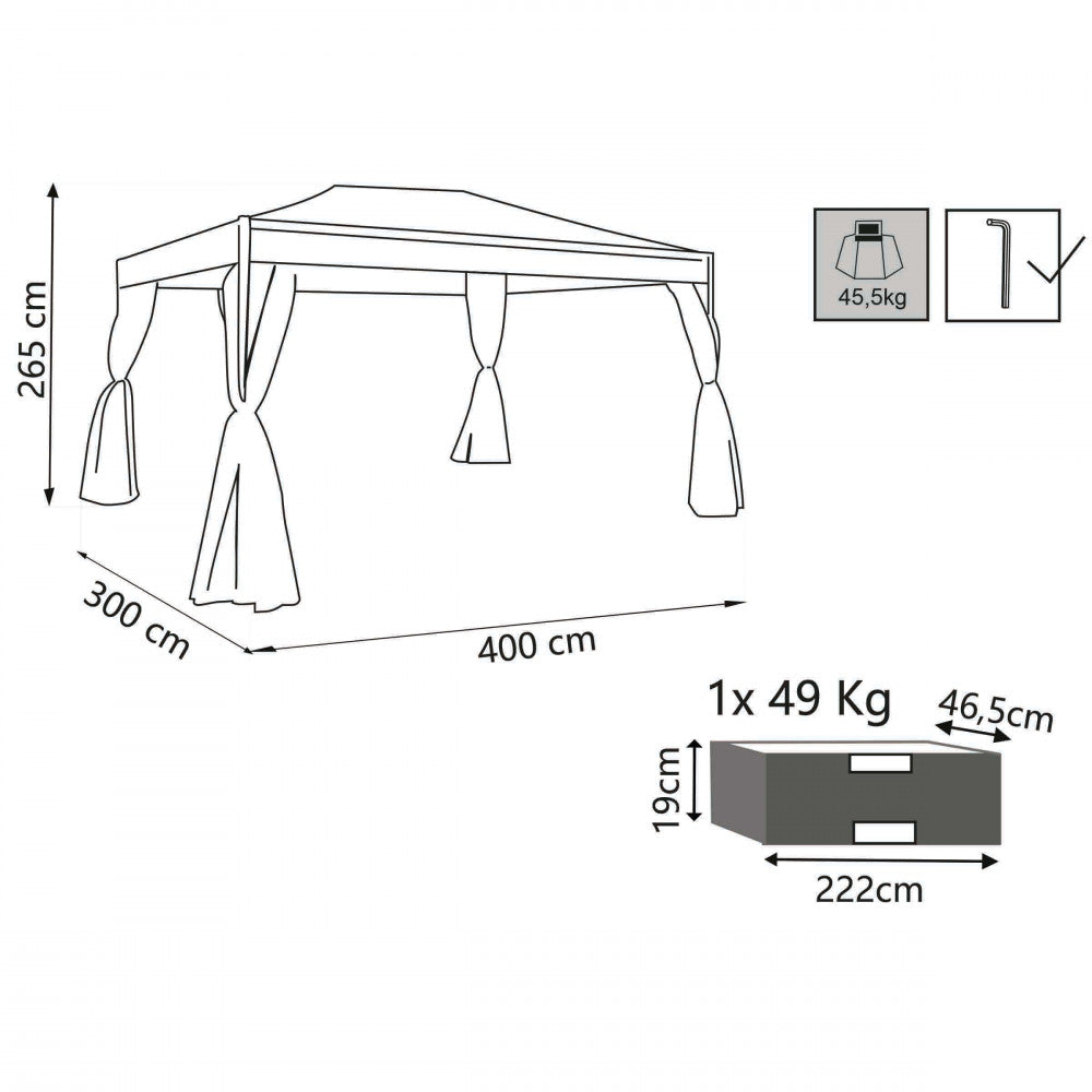 GAZEBO KARNAK 3 X 4. Canvas and sides in BEIGE polyester 200-160 gr + mosquito net, structure in BLACK painted steel, legs tube 0 mm 70 x 1.2 - cover mm 15x15/18x18 Dimensions: m 3 x 4 x 2.60 h. Garden furniture