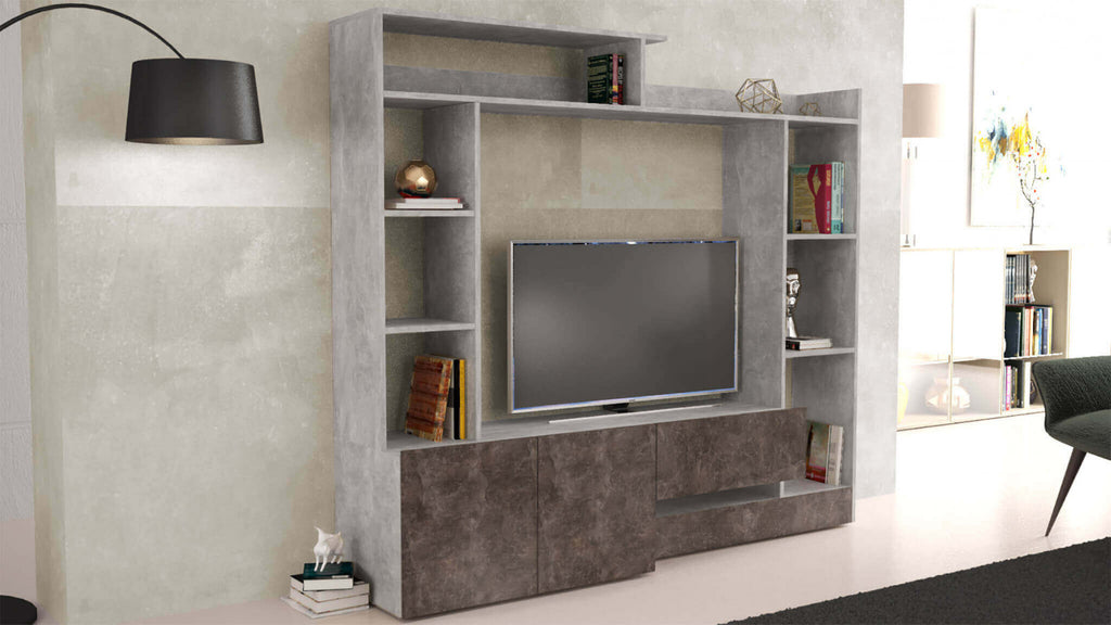 ENTRY LIVING ROOM WALL IN GREY CONCRETE EFFECT AND DARK GREY CONCRETE EFFECT. Wooden wall in GREY CONCRETE EFFECT and DARK GREY CONCRETE EFFECT. Dimensions: 180 x 28/40 x 165 cm.