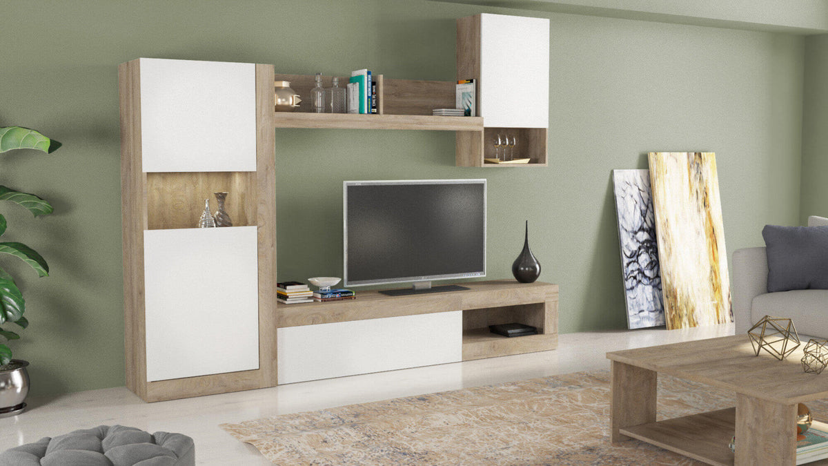 PARETE SOGGIORNO ROOMY BIANCO E ROVERE CHIARO. Parete in legno BIANCO e ROVERE CHIARO Dimensioni: cm 255 x 40 x 200 h.