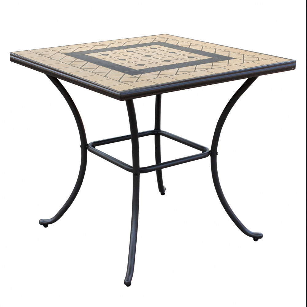 NEREO SQUARE TABLE 80 X 80. Oval top with LIGHT BROWN and ANTHRACITE mosaic, anthracite powder-coated iron base. Dimensions: 80 x 80 x 74 cm. Garden Furniture