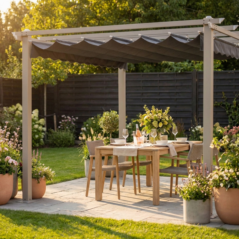 ASTORIA GAZEBO 3 x 4 TAUPE WITH GREY COVER. 180g GREY polyester cover, dove gray metal and aluminum frame. Garden furniture.
