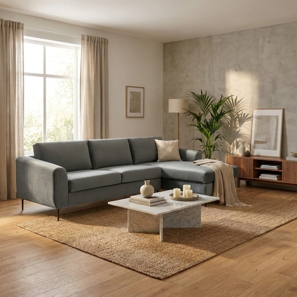 GREGORY SOFA WITH CHAISE LONGUE. Sofa with chaise longue in BROWN, GREY, or BLUE with metal legs. Dimensions: D.180x97x85/S.100x170x85.