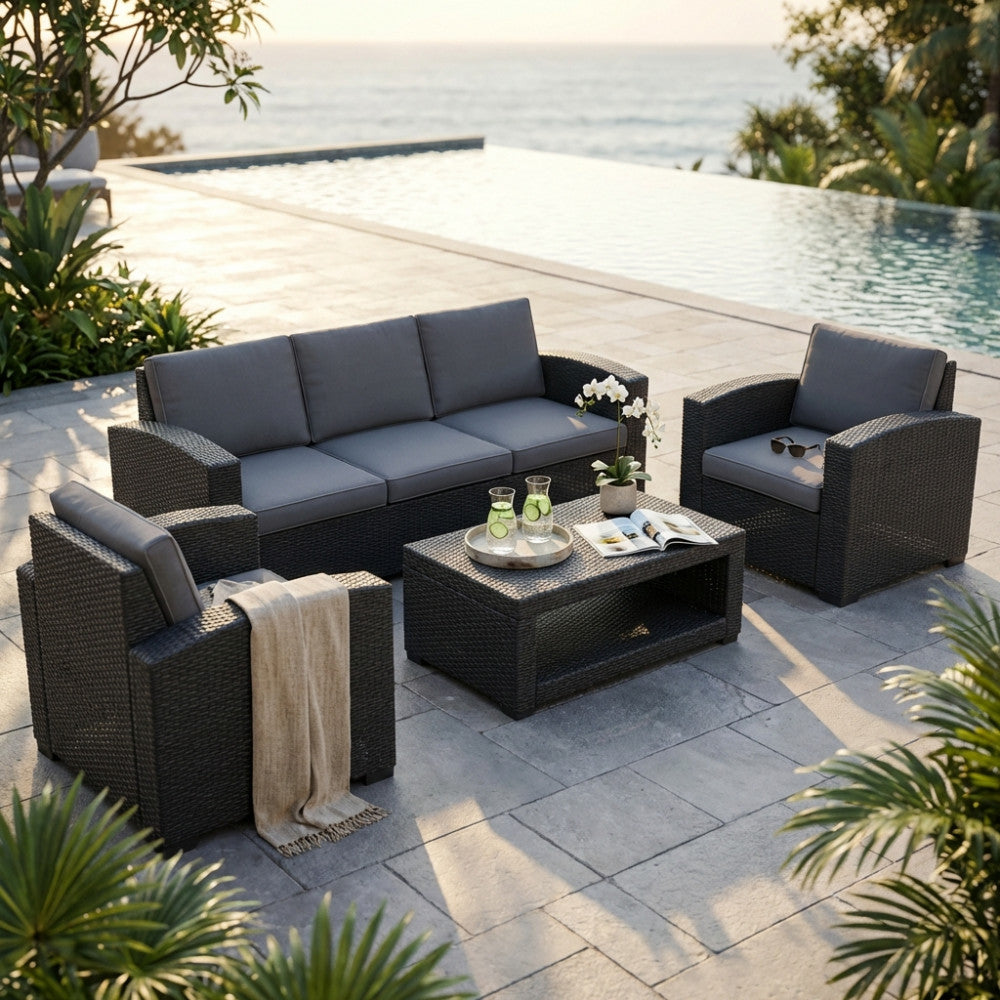 MAURITIUS 3-PIECE REMOVABLE LOUNGE SETTEE/CUSHIONS. Molded plastic frame, BLACK wicker UV protection material, DARK GREY cushions, 8 cm thick. Dimensions: D.166.8x71x75/P.83x71x75/T.93x55.8x38.6. Garden Furniture
