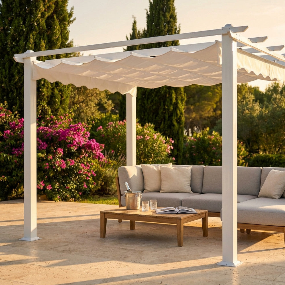 GAZEBO ASTORIA 3 X 3. WHITE polyester fabric 180 gr WHITE metal and aluminum structure Dimensions: 3 x 3 m. Garden furniture