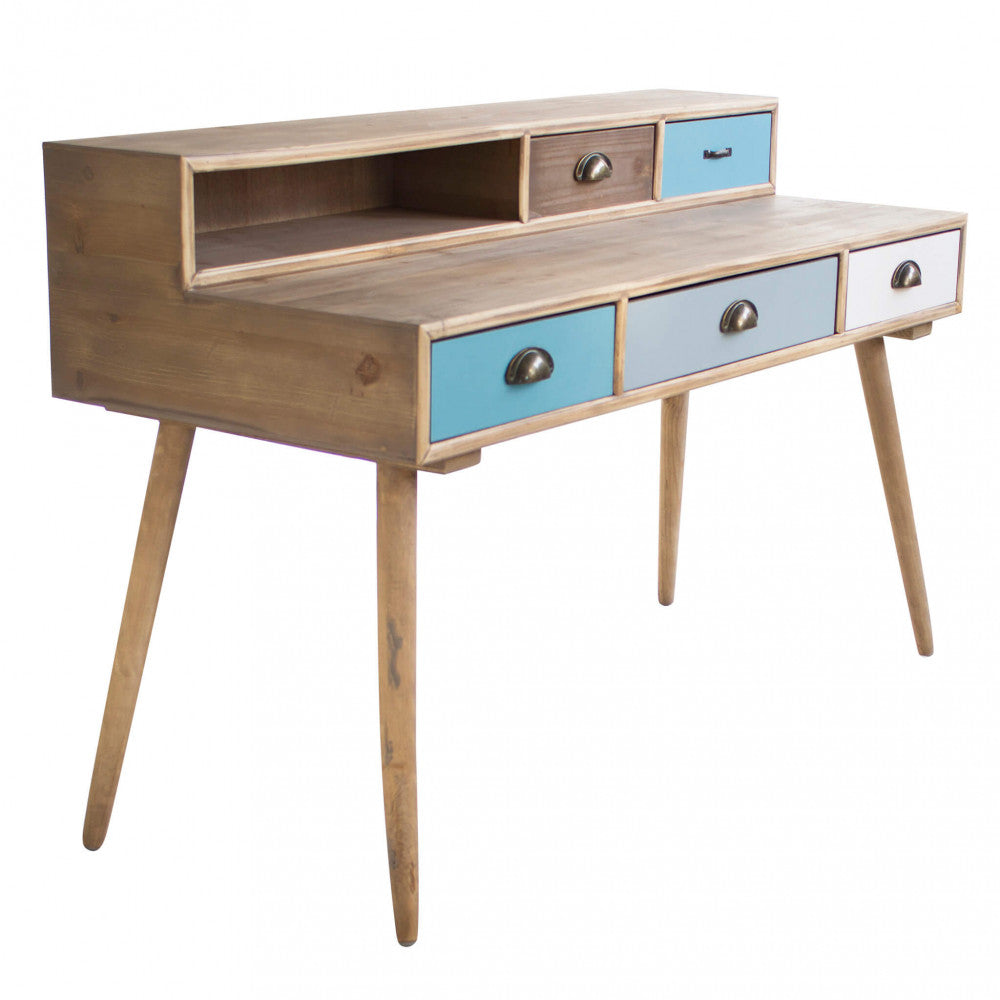 SCRIVANIA AJAX. Struttura in MDF, gambe in legno di pino, top colore NATURALE 1 ripiano e 5 cassetti colorati Dimensioni: cm 120 x 50 x 79 h.