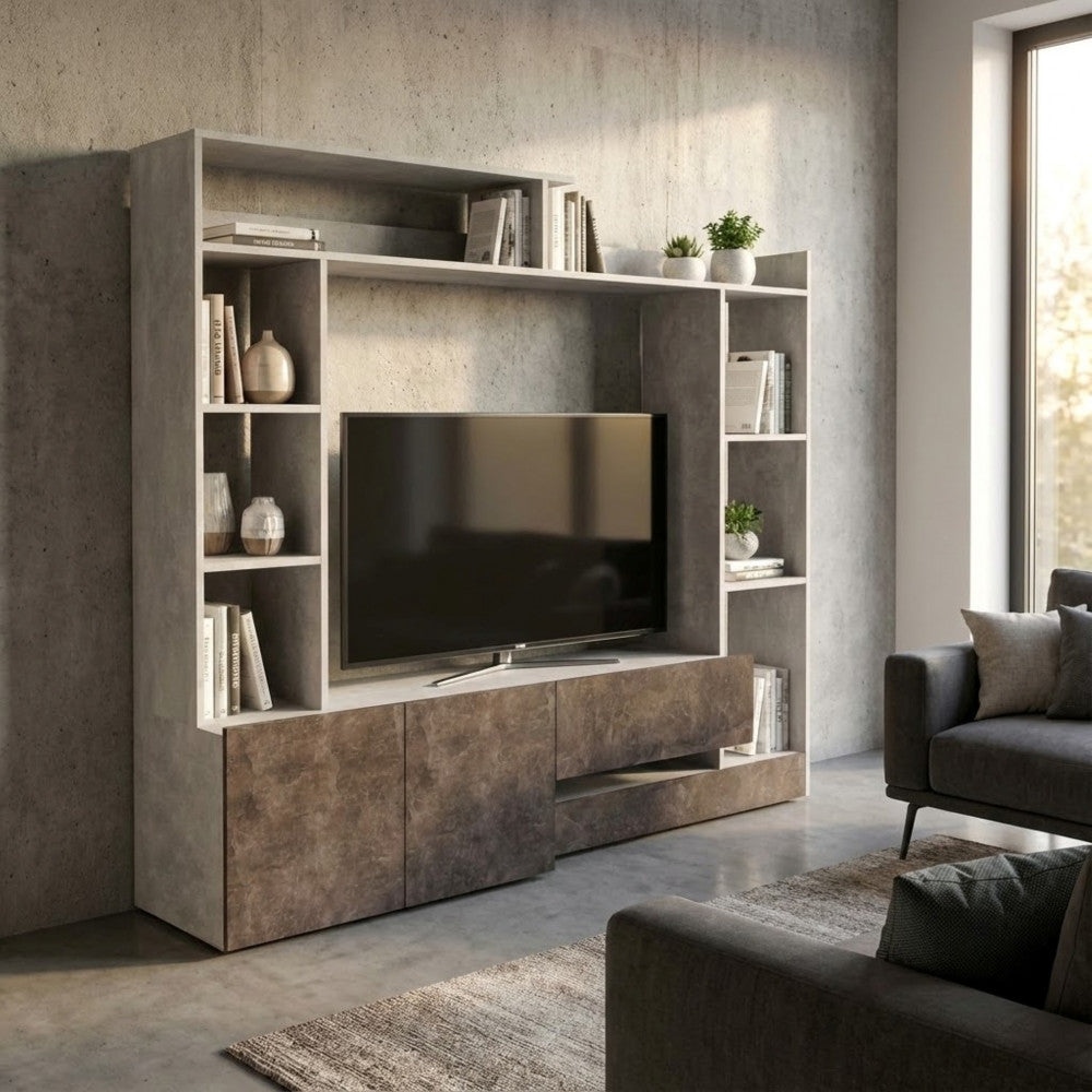 ENTRY LIVING ROOM WALL IN GREY CONCRETE EFFECT AND DARK GREY CONCRETE EFFECT. Wooden wall in GREY CONCRETE EFFECT and DARK GREY CONCRETE EFFECT. Dimensions: 180 x 28/40 x 165 cm.
