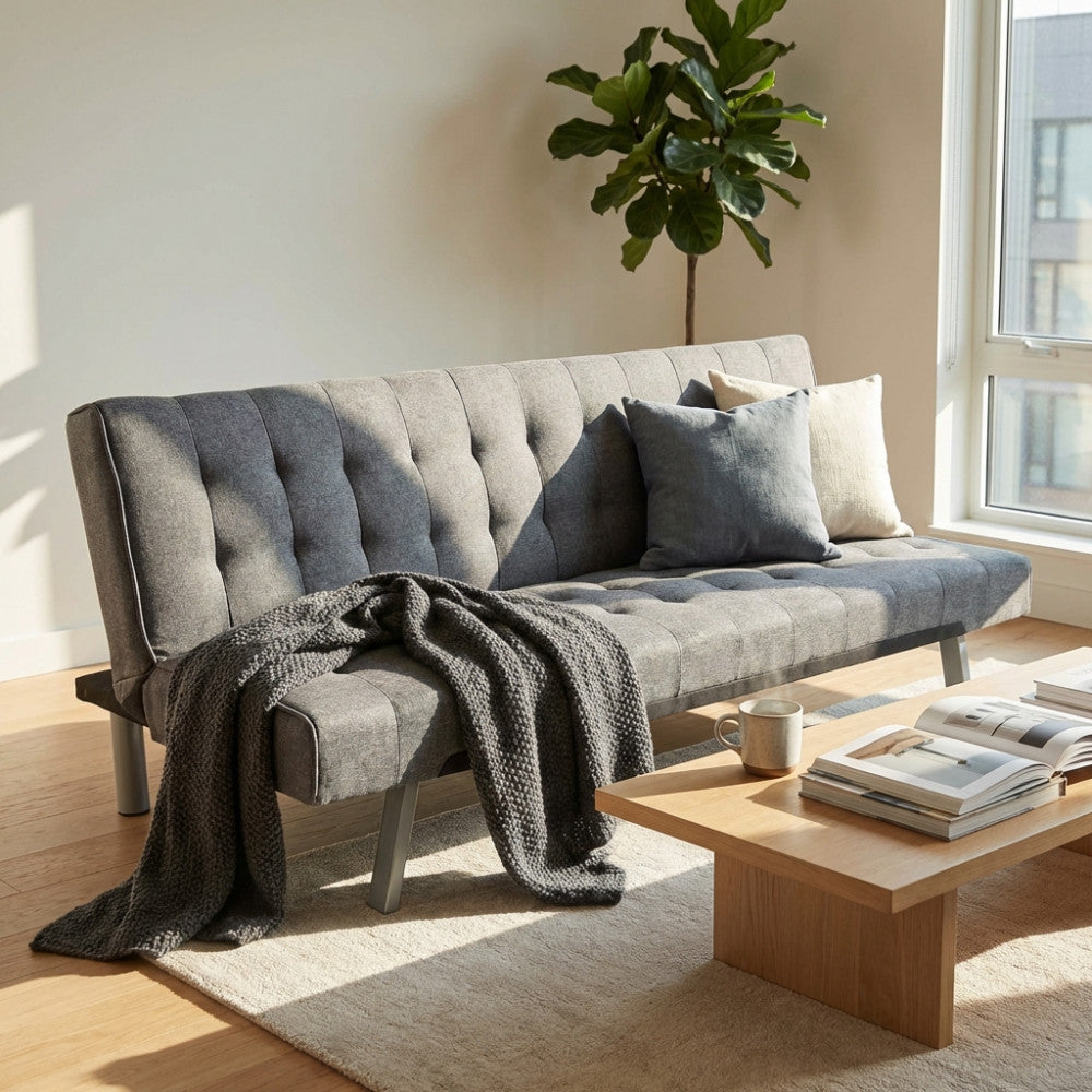 DIVANO LETTO BARRY. Divano Letto GRIGIO SCURO MELANGE struttura in metallo e legno Dimensioni: D.178x80x72/DL.178x92x35.
