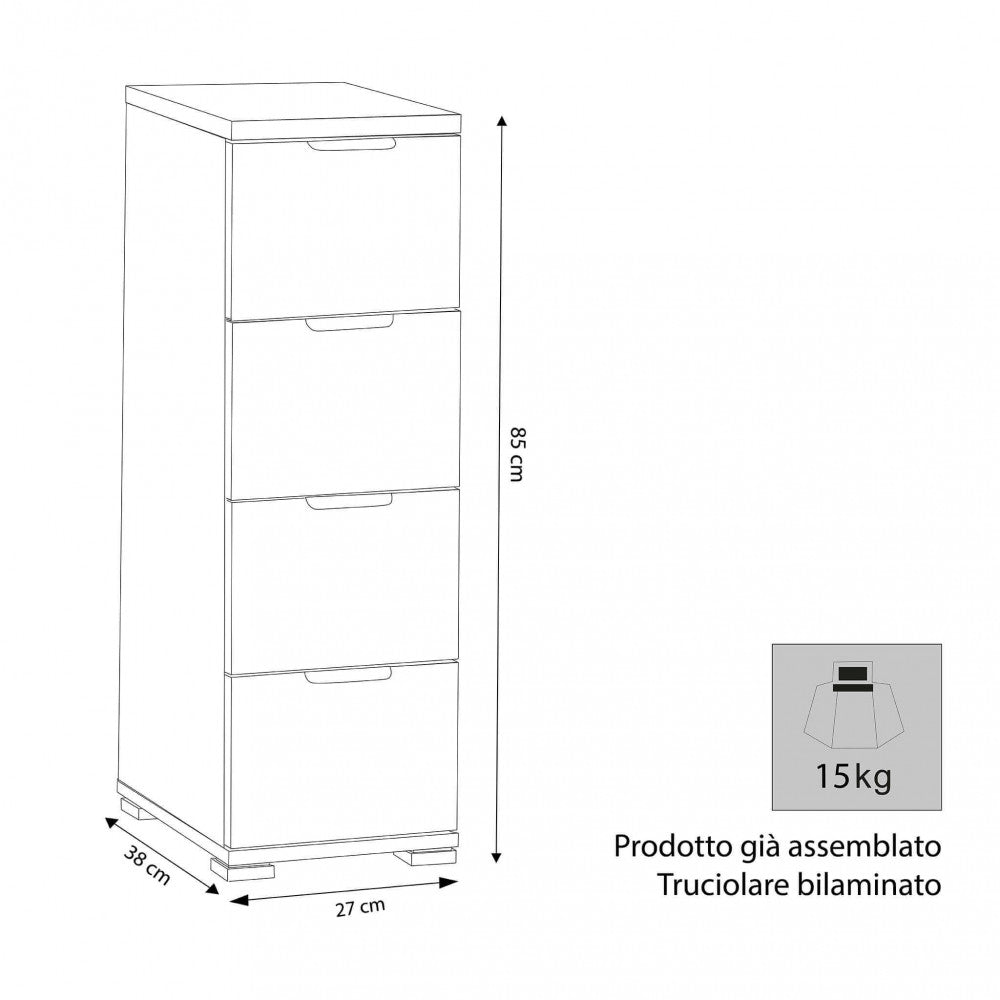 CASSETTIERA PAROS 4 CASSETTI BIANCA. Dimensioni: cm 27 x 38 x 85 h.