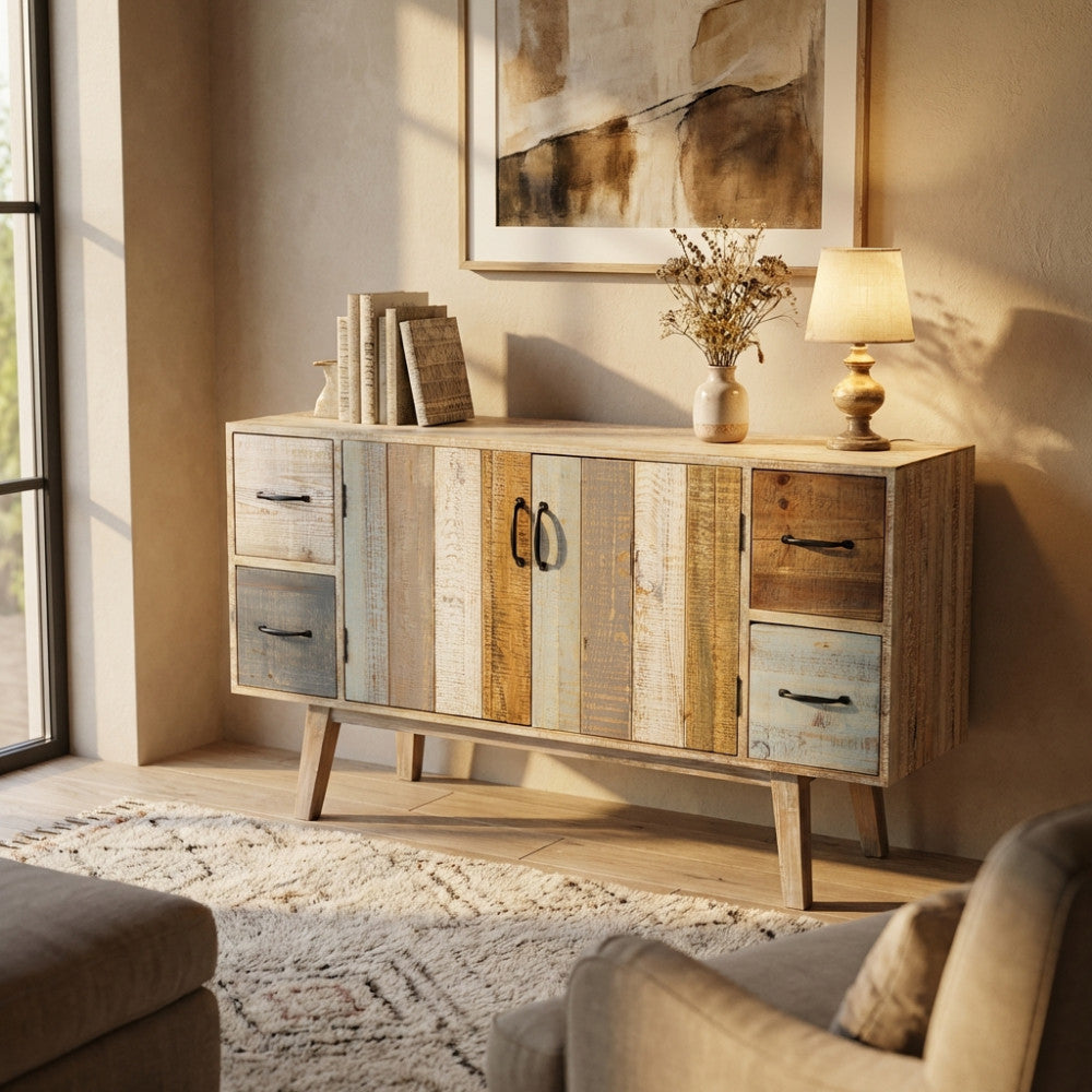 MOBILE FRED. Mobile con 4 cassetti e 2 ante in legno colorato Dimensioni: cm 131 x 40 x 77 h.