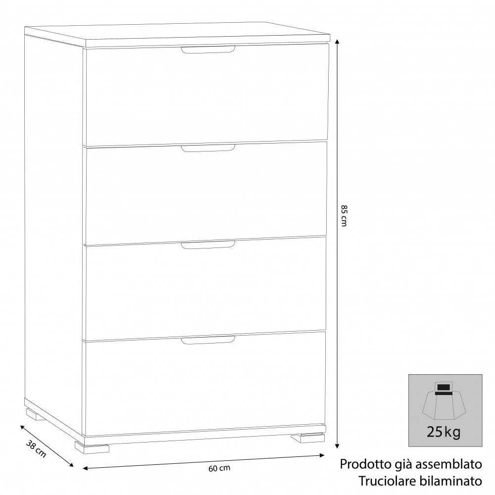CASSETTIERA SAMOA 4 CASSETTI ROVERE GRIGIO. Dimensioni: cm 60 x 38 x 85 h.