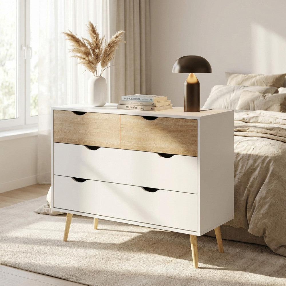 MOBILE TERENCE. Mobile con 4 cassetti in legno bianco e naturale Dimensioni: cm 99 x 39 x 82 h.
