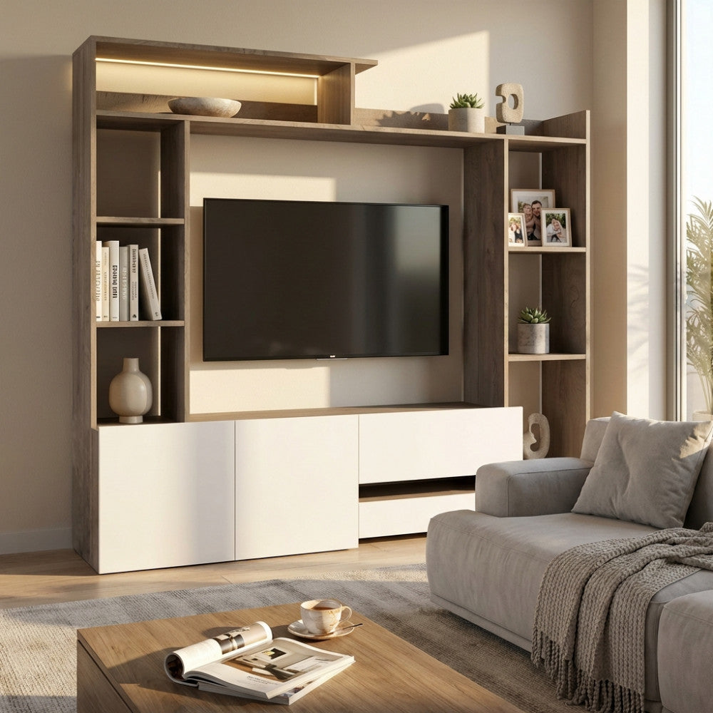 PARETE SOGGIORNO ENTRY BIANCO E ROVERE CHIARO. Parete in legno BIANCO e ROVERE CHIARO Dimensioni: cm 180 x 28/40 x 165 h.