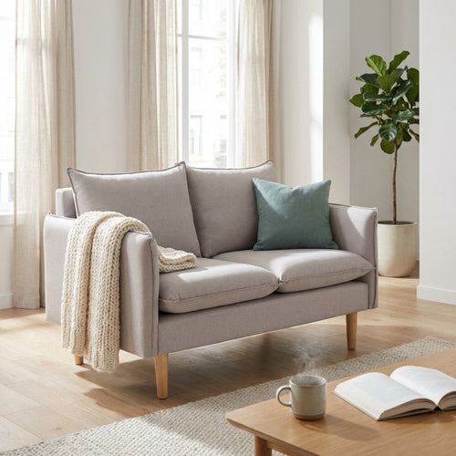DIVANO 2 POSTI FLORIN. Divano BEIGE, BLU, GRIGIO SCURO, VIOLA o CIANO con gambe in legno Dimensioni: cm 130 x 84 x 51 h.