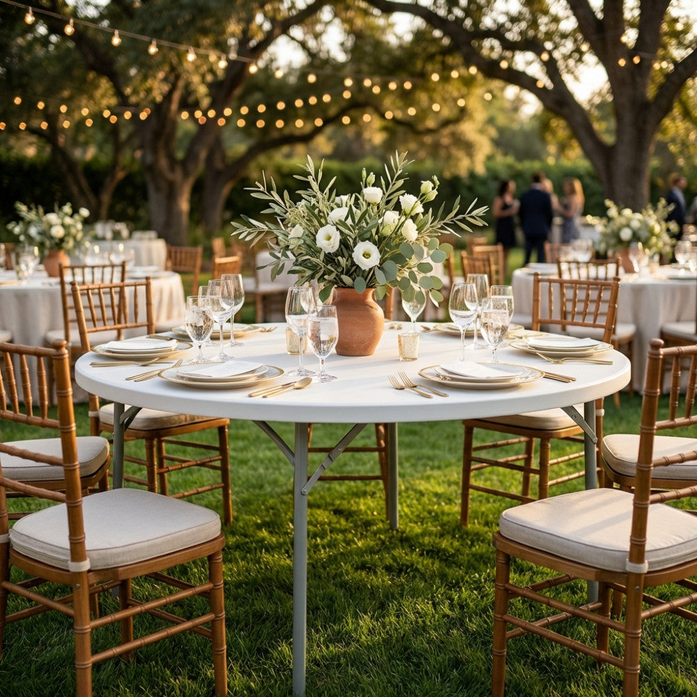 TAVOLO CATERING ò 120 PIEGHEVOLE. Struttura in metallo verniciato a polvere piano in abs colore bianco ò tubo verniciato grigio: 32 x 1,0 mm Dimensioni: cm ò 120 x 74 h. Arredo Giardino