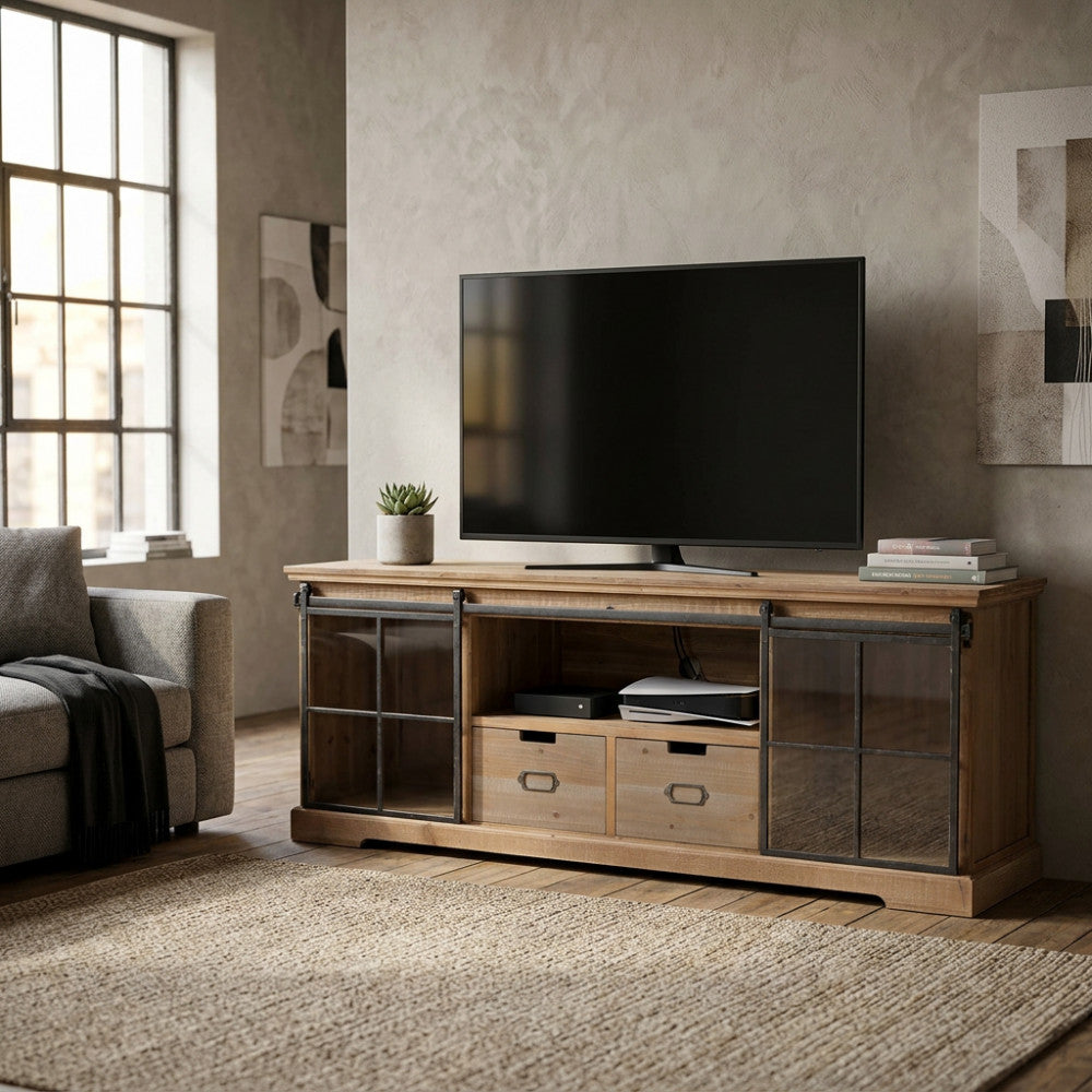 MOBILE IN LEGNO DORIAN. Mobile con 1 ripiano, 2 cassetti e 2 ante in vetro Dimensioni: cm 160 x 45,5 x 60 h.