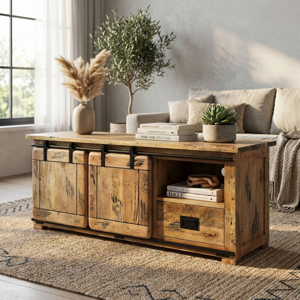 PORTA TV WELDON. Porta TV in legno di mango con 2 anta scorrevole, 1 ripiano e 2 cassetto Dimensioni: cm 150 x 45 x 60 h.