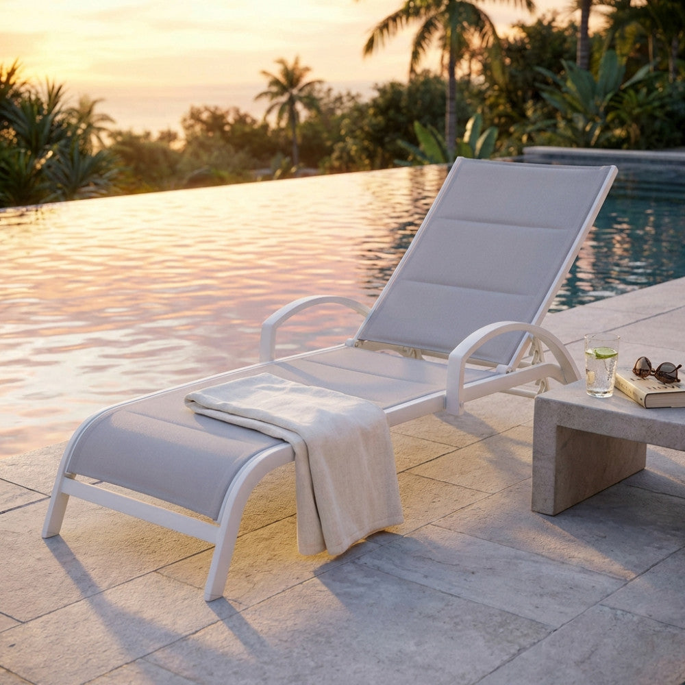 MALAGA STACKABLE LOUNGER. Frame in painted aluminum (WHITE, TAUPE, or ANTHRACITE). Padded ECRU textilene with armrests. Dimensions: 196.5 x 71 x 92.5 cm. Garden Furniture.