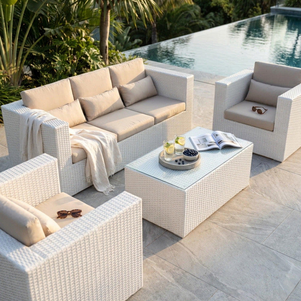 ACAPULCO LOUNGE SETTEE 3 PCS/CUSHIONS. Aluminum frame, WHITE or BROWN wicker with UV protection, 5 mm thick glass, ecru cushions, 10 cm thick backrest, 14 cm seat. Dimensions: D.186x80x70/D.85x80x70/T.100x60x44. Garden Furniture