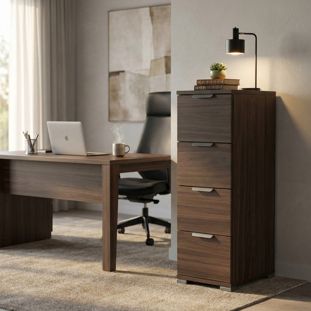 CASSETTIERA PAROS 4 CASSETTI TINTA NOCE. Dimensioni: cm 27 x 38 x 85 h.